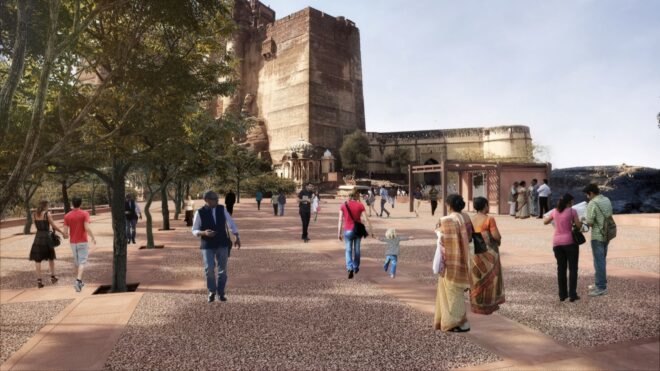 rendering of people standing outside an ancient fort