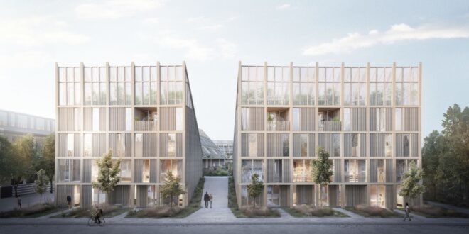 rendering of timber townhouses with sloped roofs