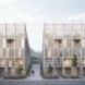 rendering of timber townhouses with sloped roofs