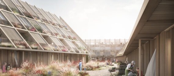 rendering of timber townhouses with sloped roofs and solar panels