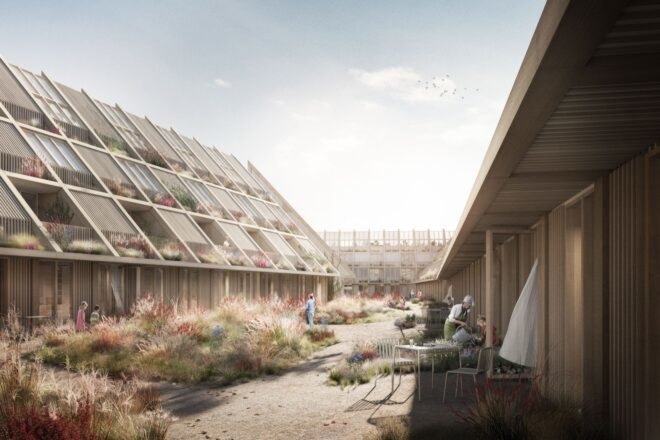 rendering of timber townhouses with sloped roofs and solar panels