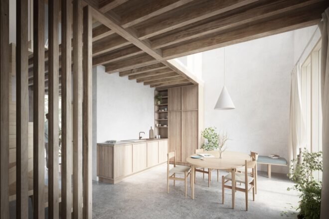 rendering of dining room with wood table, wood walls and wood ceilings