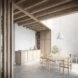 rendering of dining room with wood table, wood walls and wood ceilings