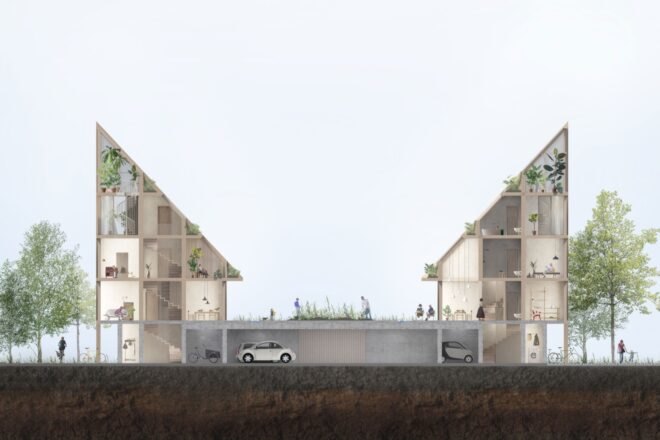 rendering of houses with sharply sloped roofs