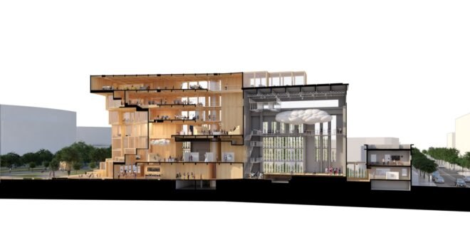 section view rendering of industrial building with wood addition