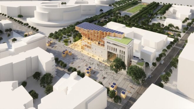 aerial rendering of tall wood structure attached to existing industrial building