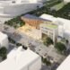 aerial rendering of tall wood structure attached to existing industrial building