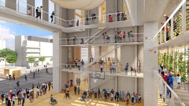 rendering of building interior with open staircases and multiple floors