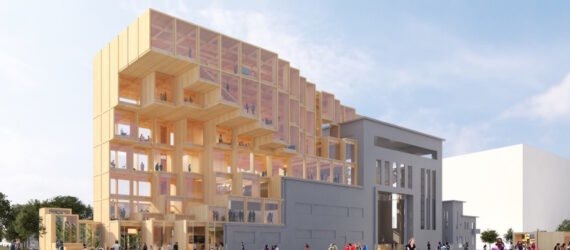 rendering of tall wood structure attached to existing industrial building