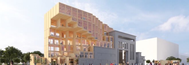 rendering of tall wood structure attached to existing industrial building
