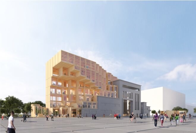 rendering of tall wood structure attached to existing industrial building