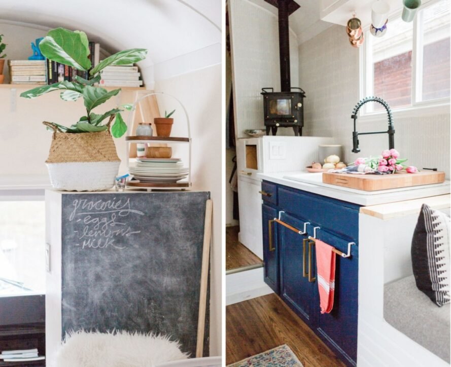a chalkboard and compact kitchen space