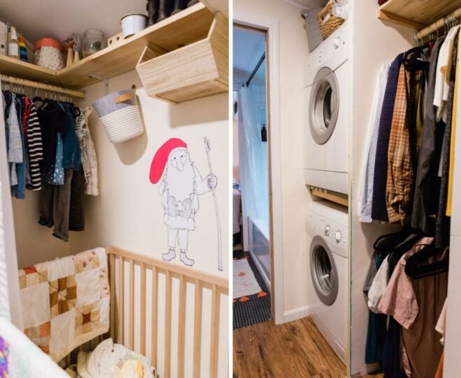 baby's crib and laundry space
