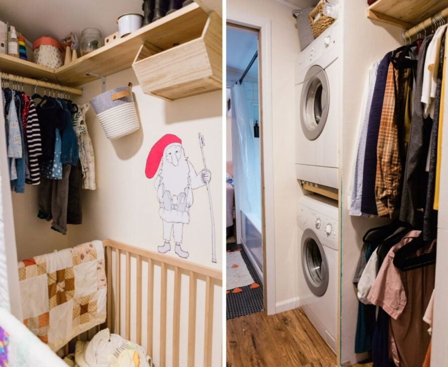 baby's crib and laundry space