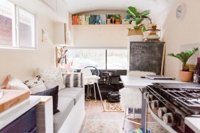 school bus interior with bright walls and modern decor