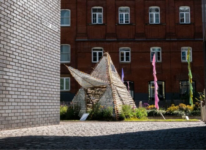 small shelter made out of recycled plastic bottles