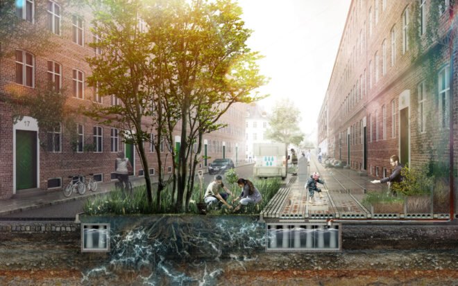 rendering of sidewalk tiles redirecting rainwater to thirsty plants
