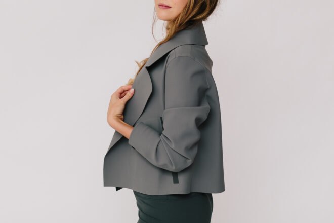 model wearing gray blazer