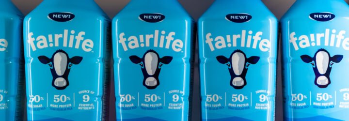 blue Fairlife milk bottles