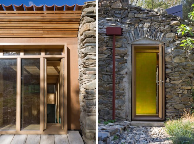 wood doors on a stone building