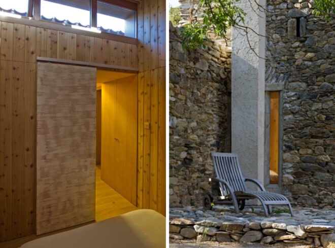 wooden interiors of small stone structure and a patio chair outside