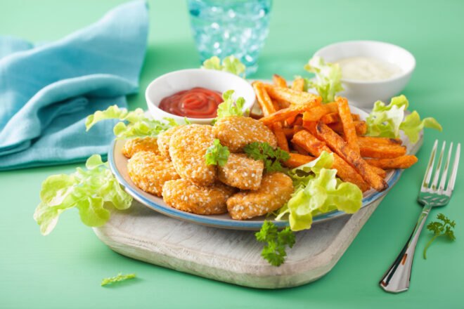 vegan soy nuggets and sweet potato fries
