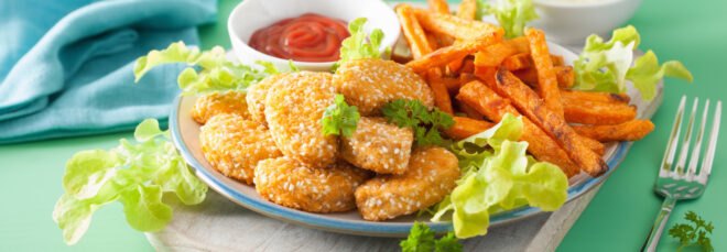 vegan soy nuggets and sweet potato fries