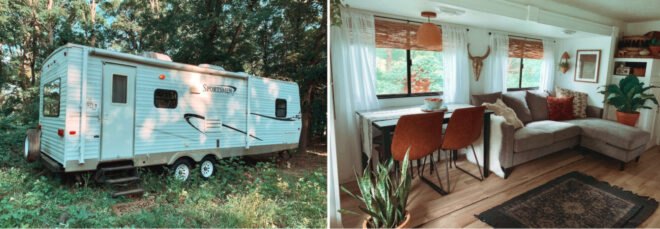 On the left, white camper on grassy lot. On the right, camper interior with gray sofa and bohemian decor.