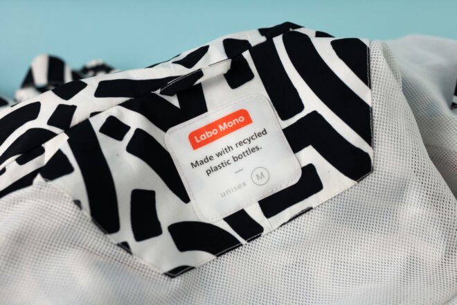 jacket label reads "Made from recycled plastic bottles"