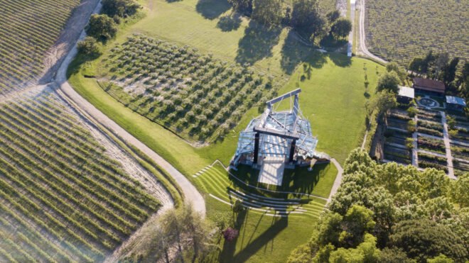 pavilion in middle of green landscape
