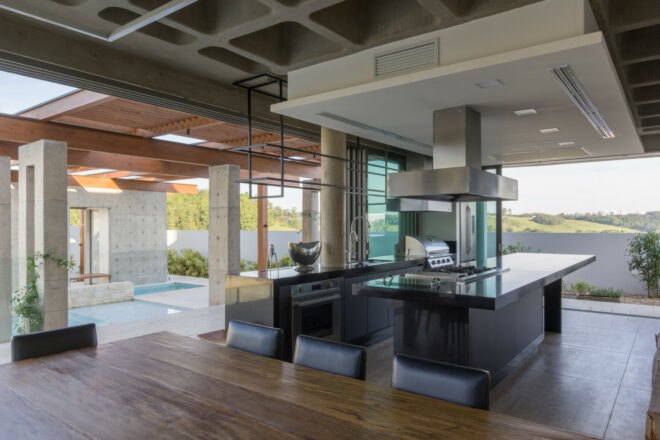 interior living space with sunken kitchen