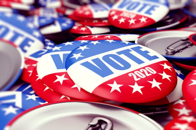 rendering of buttons that read "VOTE 2020"
