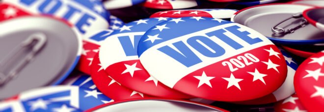 rendering of buttons that read "VOTE 2020"