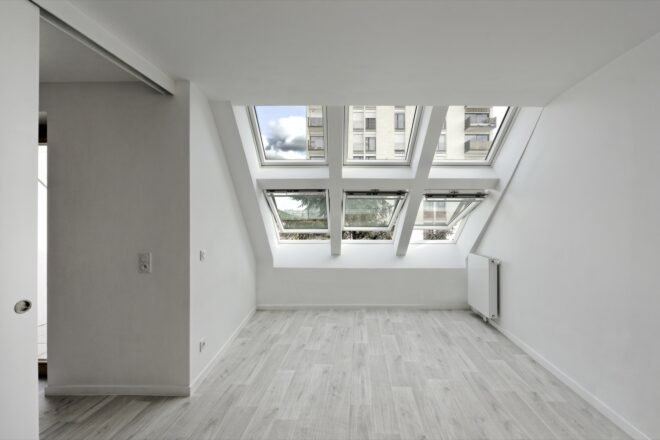 room with slanted ceiling and skylights
