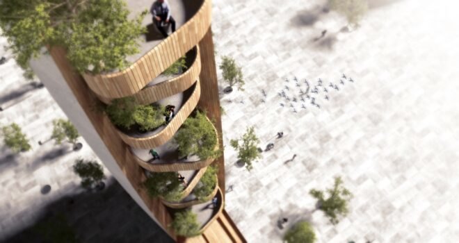 aerial rendering of balconies on a wood observation tower