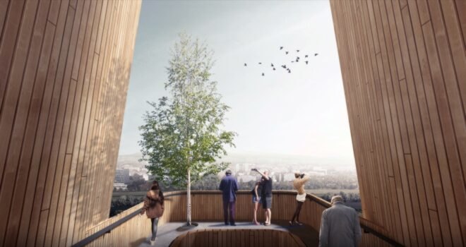 rendering of people looking out at a city from an observational deck