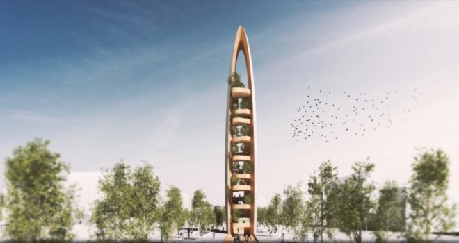 tall wood tower covered in trees