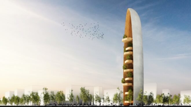 tall, pointy wood tower covered in trees