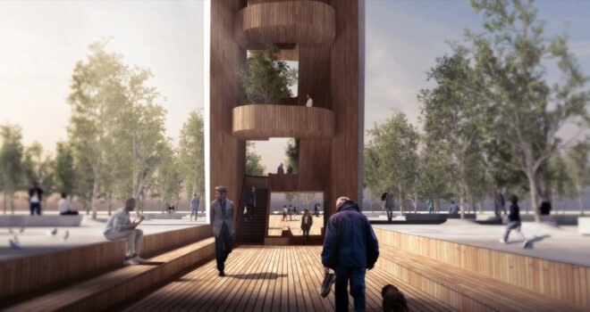 rendering of people climbing wood observation tower