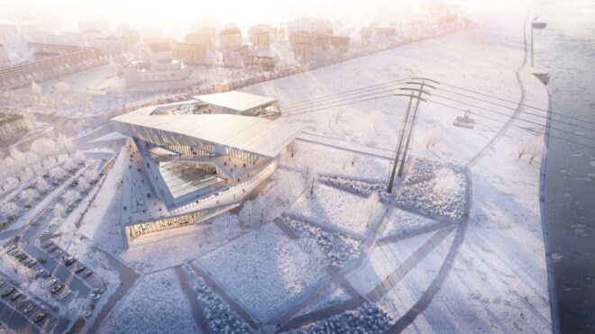 rendering of large white building with cable cars