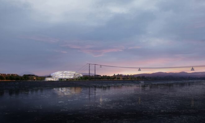 rendering of cable cars at dusk