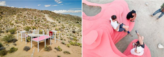 a pink and white platform in desert landscape