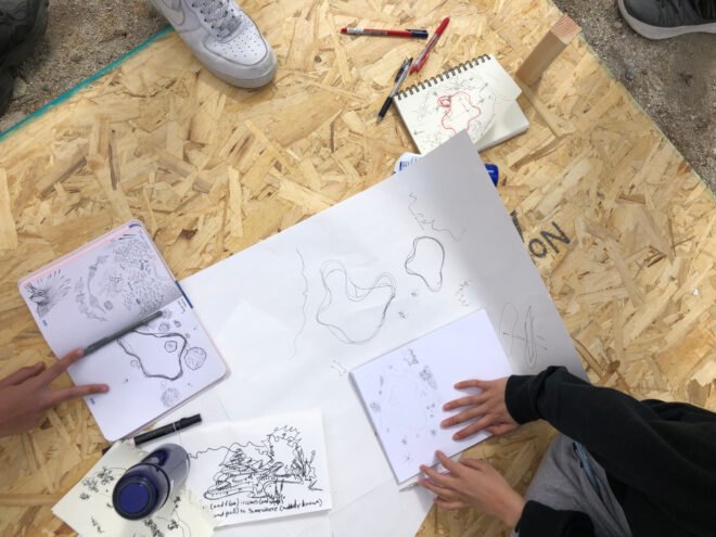 view of drafting plans on table