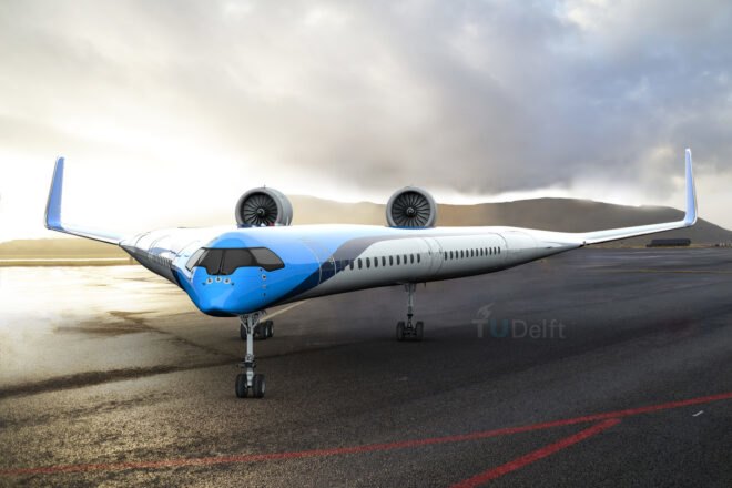 rendering concept of sustainable aircraft with blue, black and white design