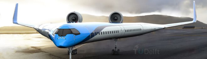 rendering concept of sustainable aircraft with blue, black and white design