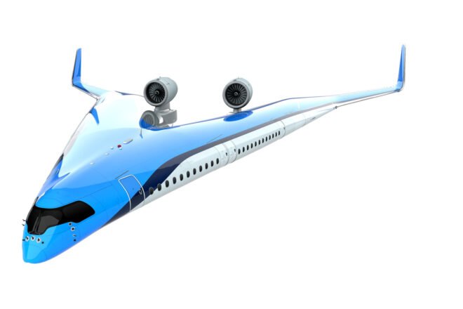 rendering concept of sustainable aircraft with blue, black and white design