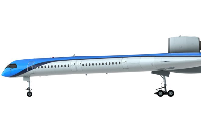 rendering concept of sustainable aircraft with blue, black and white design