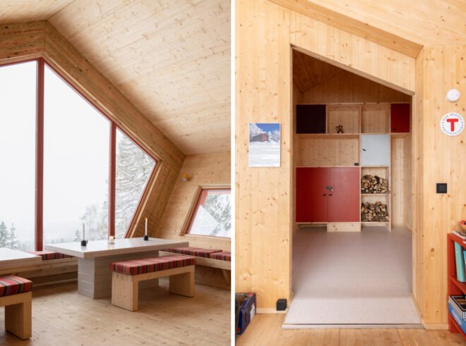 wood-lined cabin interior with red decor accents