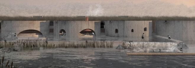 rendering of round concrete buildings