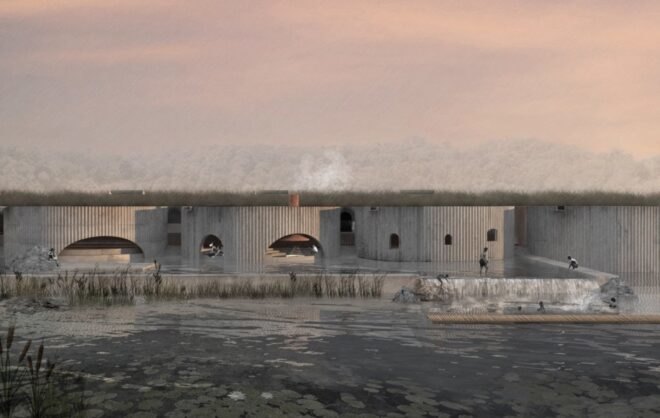 rendering of round concrete buildings